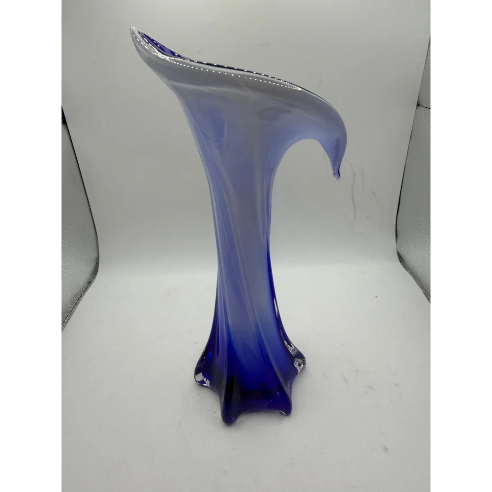 Cobalt Blue Art Glass Calla Lily Vase Hand Blown Twisted Stem 8.5 Inch Decor